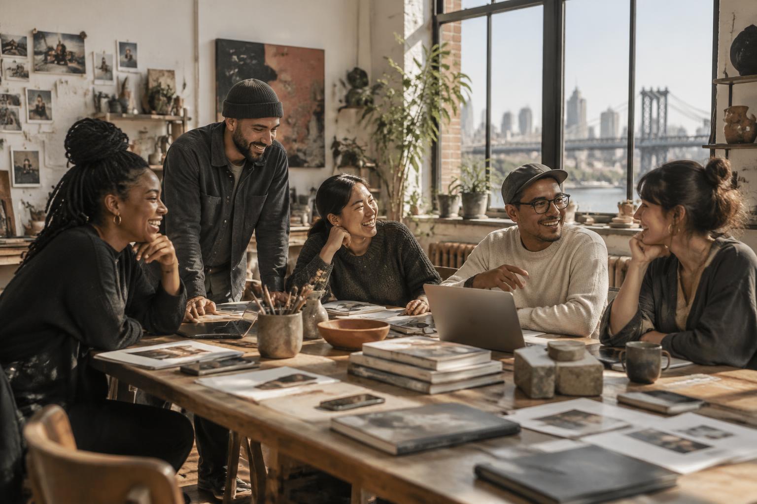 A creative community gathered around a studio table