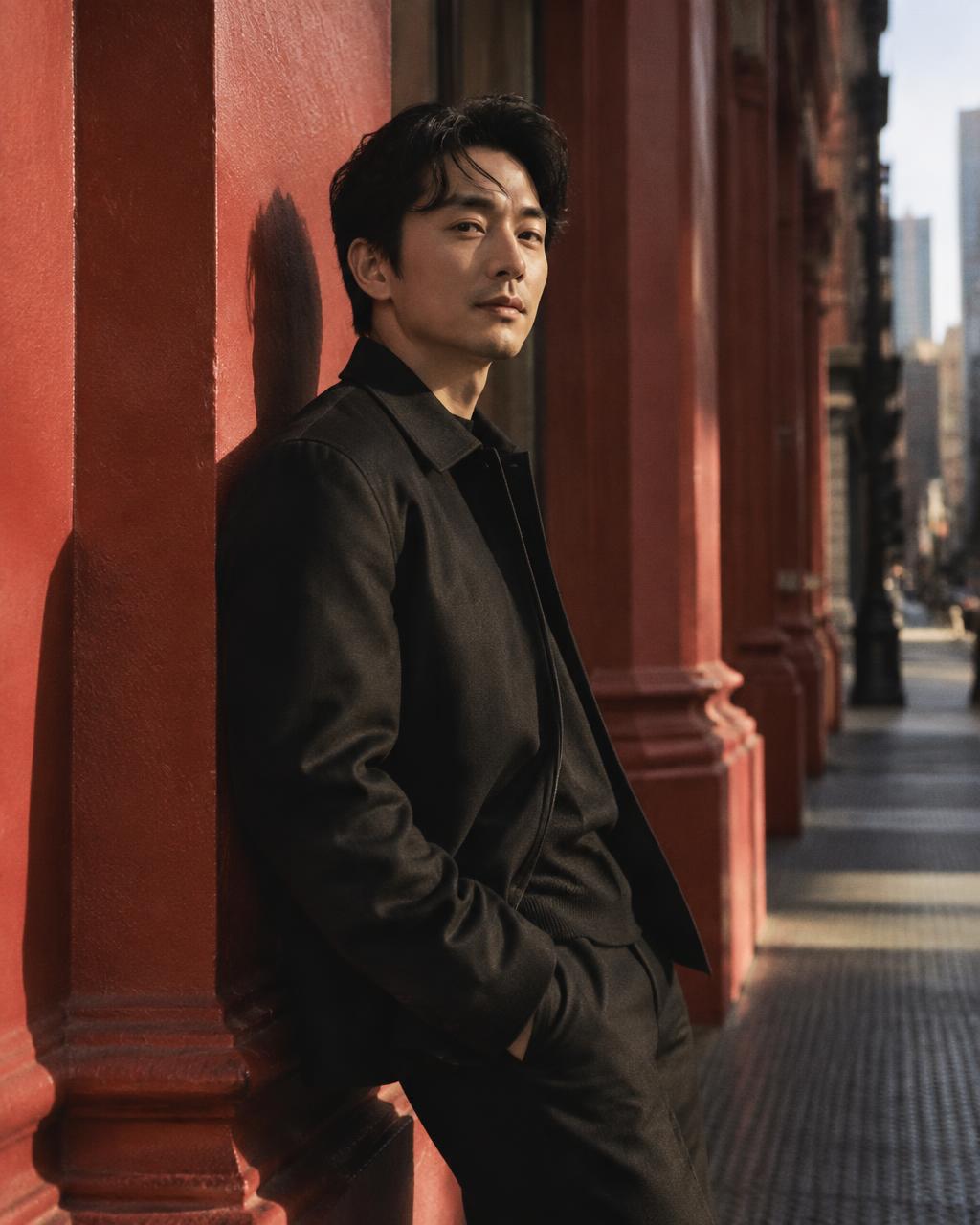 Creative entrepreneur photographed against red cast-iron architecture
