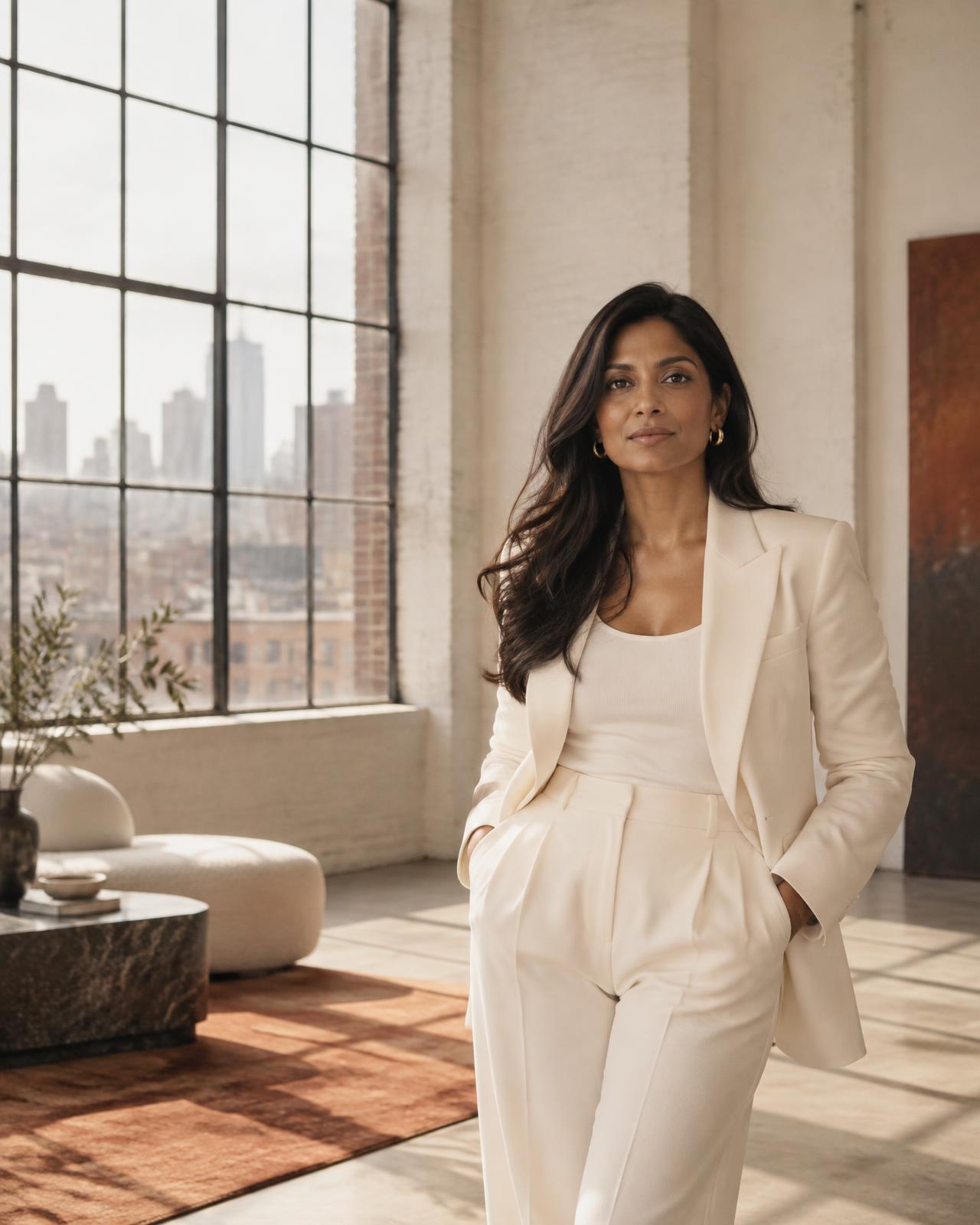 Entrepreneur in an ivory suit in a sunlit loft